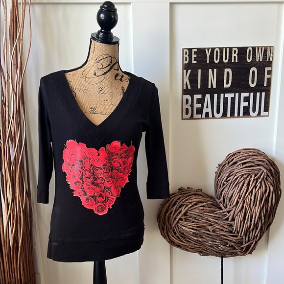 Norma Kamali Tops - Norma Kamali Black Tee with Red Rose Heart